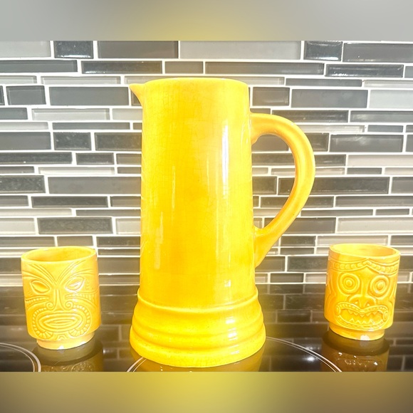 Other - VTG Canary Yellow Ceramic Pitcher & Double Sided Tiki Cups marked Resper